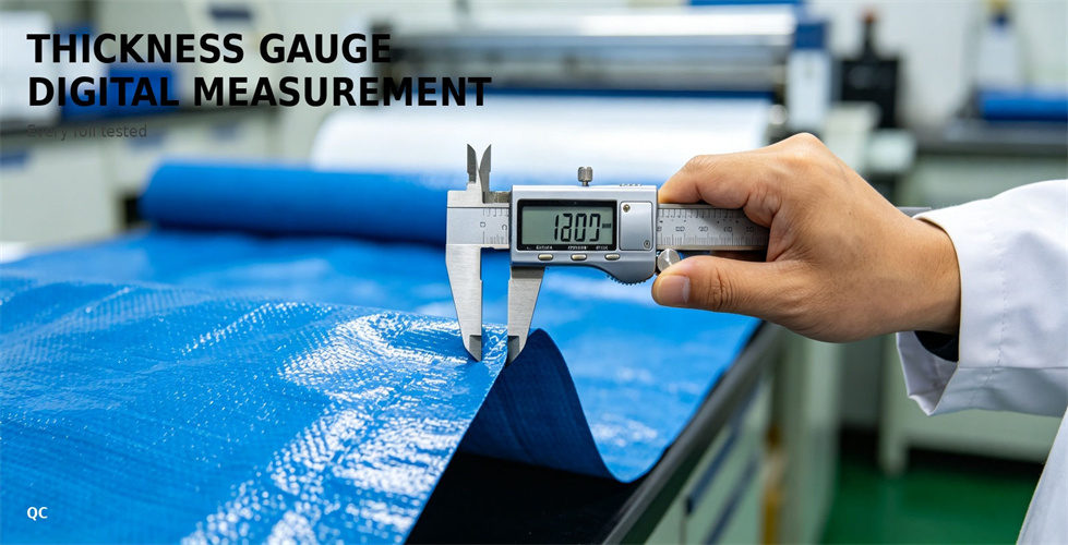 A technician uses a digital gauge during inflatable tent material inspection for bulk procurement review
