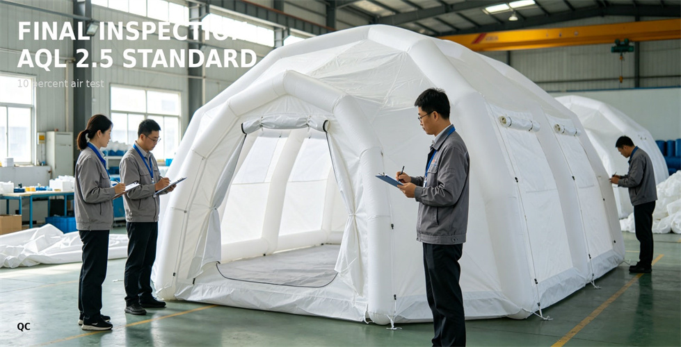 Inspectors review a completed inflatable tent during final inspection for bulk procurement review