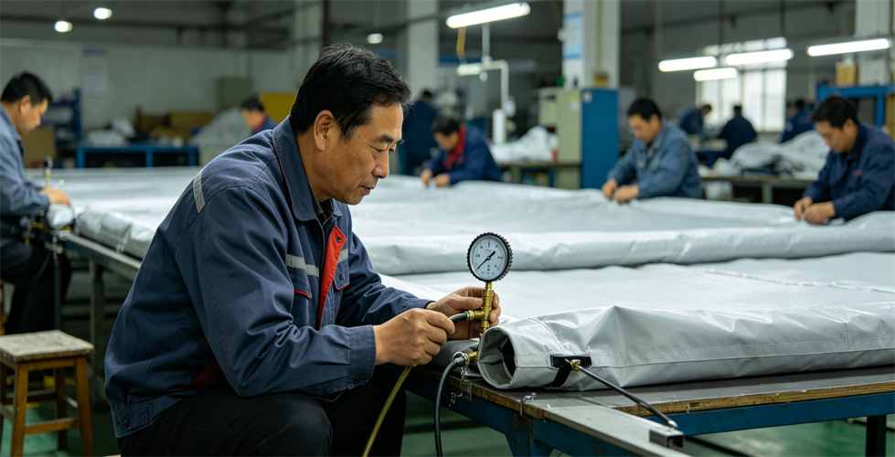 A technician checks inflatable tent air pressure during production for bulk procurement review