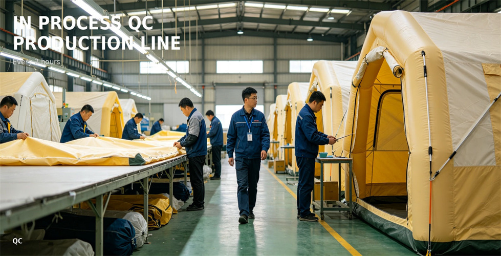 Workers inspect inflatable tents on a production line for procurement review and field shelter operations