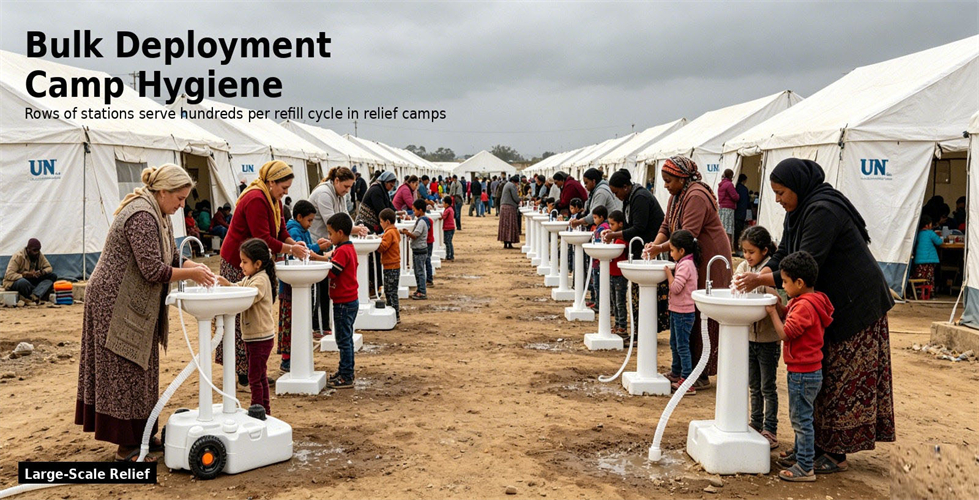 Portable hand wash stations deployed across a relief camp for procurement review and emergency site allocation Portable hand wash stations deployed across a relief camp for procurement review and emergency site allocation