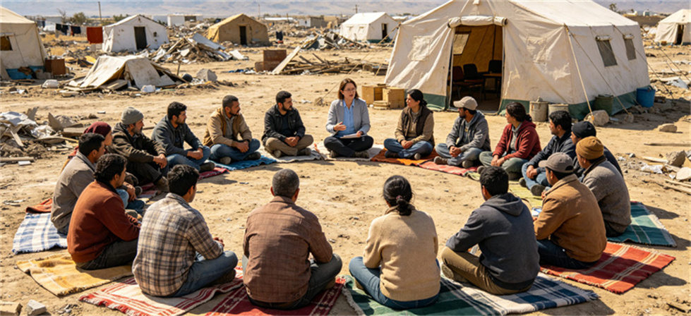 Extreme cold relief blanket camp meeting scene for YRF solution review and coordinated field support planning Extreme cold relief blanket camp meeting scene for YRF solution review and coordinated field support planning