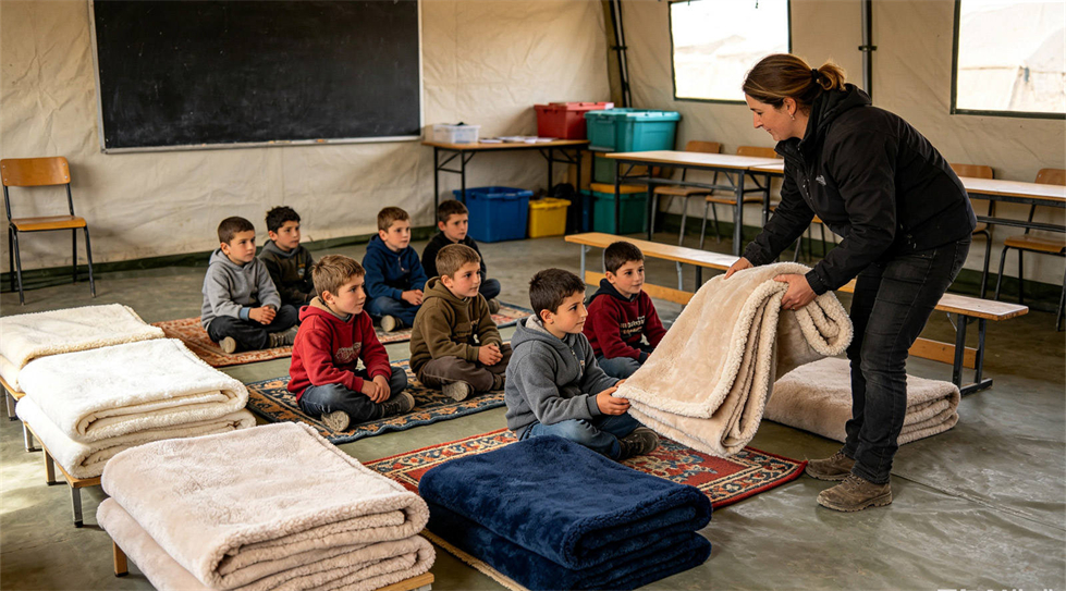 Emergency blanket temporary shelter use showing solid color brown scene for institutional procurement review