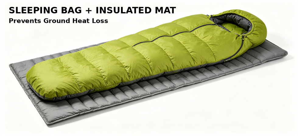Sleeping bag and insulated mat combined for ground-loss control in temporary shelters