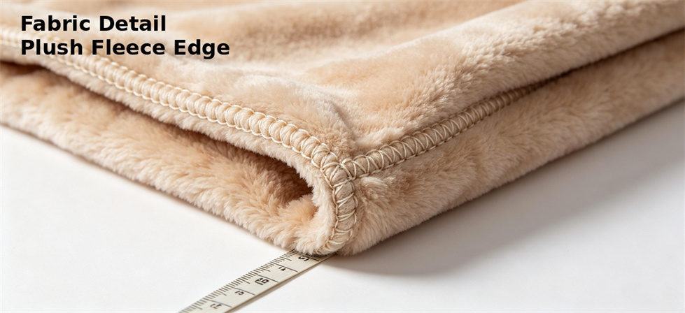 Close view of fleece blanket edge stitching for material and construction review in bulk sourcing Close view of fleece blanket edge stitching for material and construction review in bulk sourcing