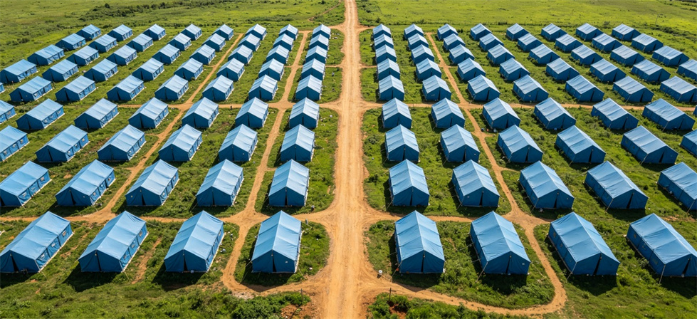 Relief tent camp topdown shown for site conditions that affect layout in institutional relief tent procurement planning