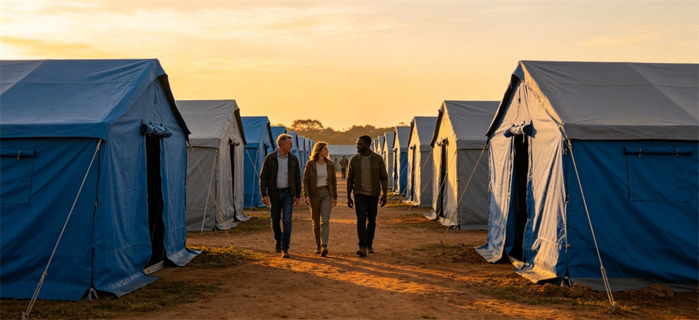 Relief camp with temporary tents illustrating emergency sleeping bag deployment for government stockpile, institutional Relief camp with temporary tents illustrating emergency sleeping bag deployment for government stockpile, institutional