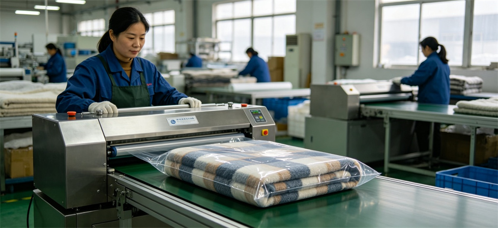 Blanket vacuum packing machine shown for storage conditions and carton protection in institutional blanket procurement review