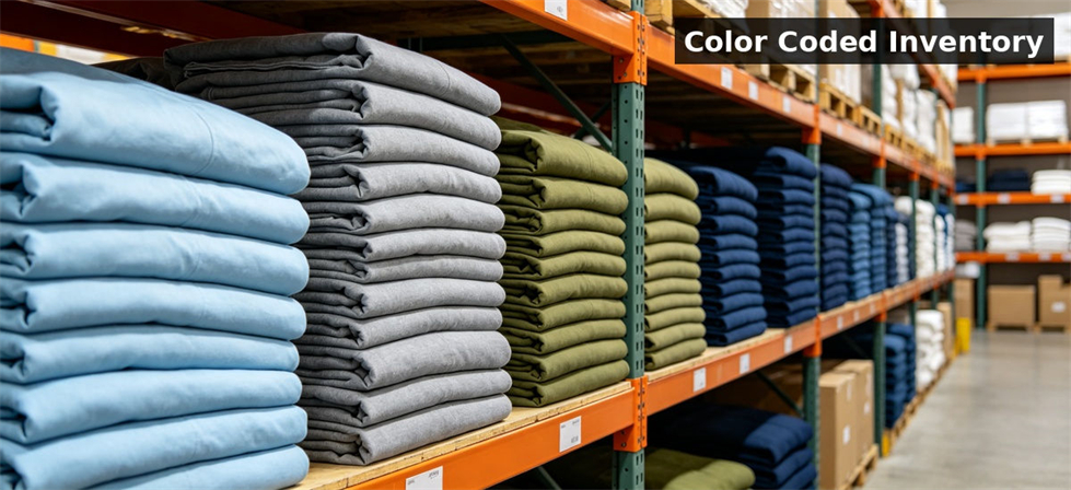 Color coded bedding warehouse for institutional procurement, inspection and supply planning