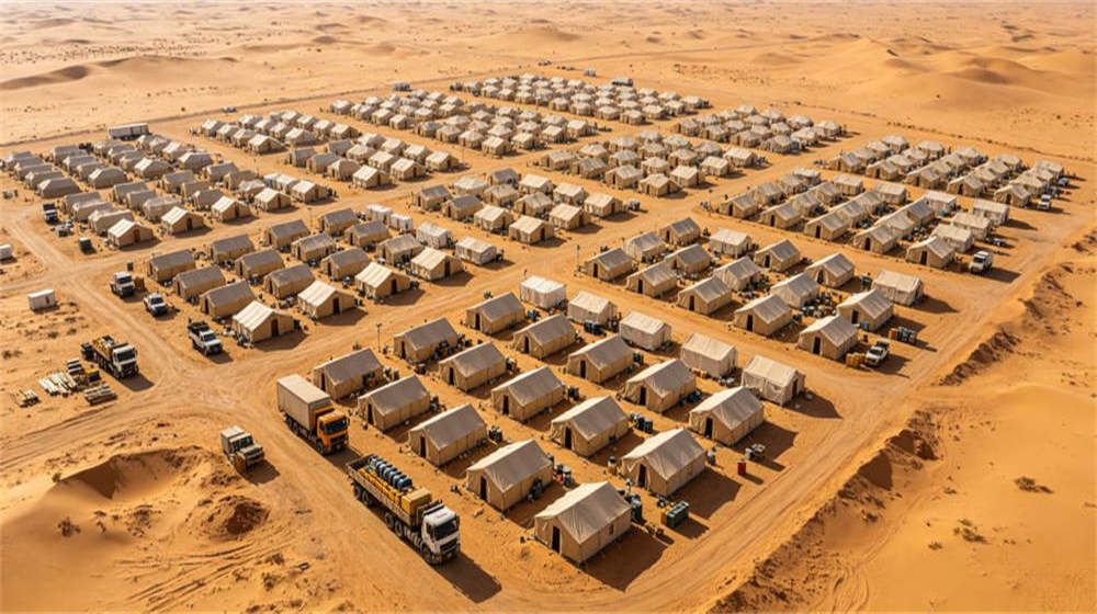 Aerial view of remote camp desert grid layout with organized tent rows