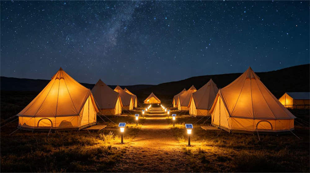 Remote camp at night illuminated by solar lighting for worker safety and visibility