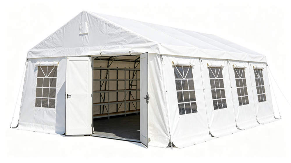 White storage duty tent with large door and side windows for camp equipment storage