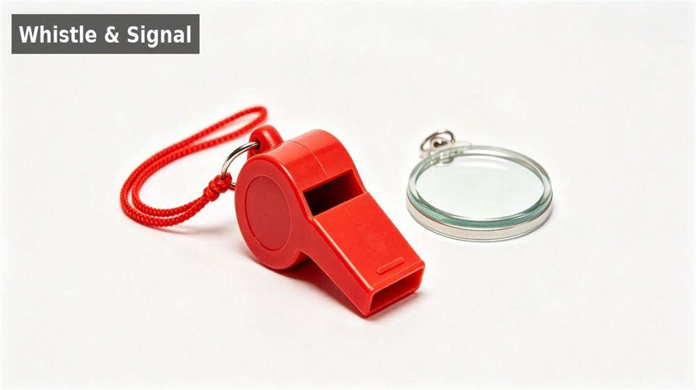 Emergency whistle and signal mirror survival signaling device for rescue and location