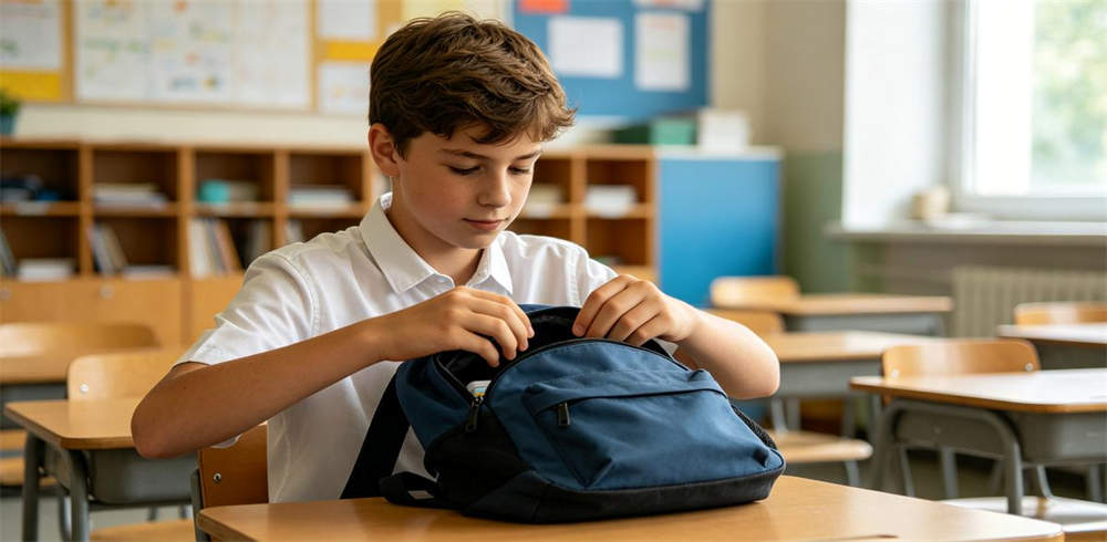 Student putting personal emergency kit into school backpack in classroom