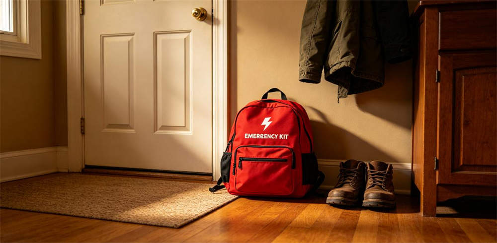Household emergency kit placed near front door entrance for quick access