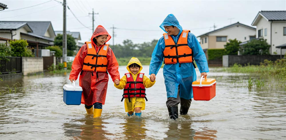 Family wearing life jackets and rain ponchos evacuating through shallow flood water