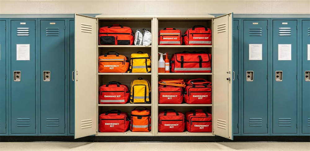 Multiple emergency kits stored in school storage lockers with doors open