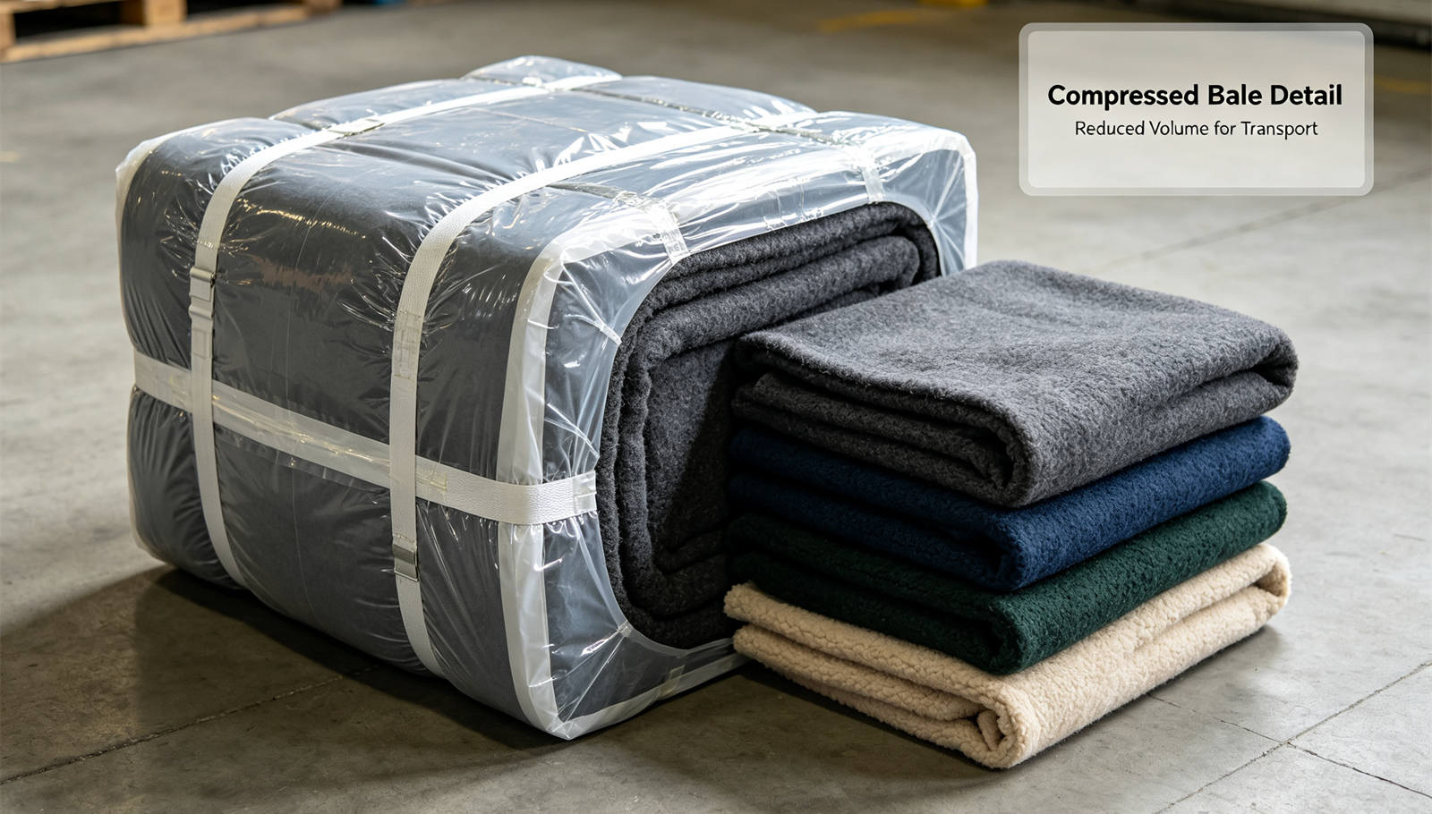 Compressed bale packed blanket beside loose folded blankets, showing volume reduction for transport in institutional blanket procurement review Compressed bale packed blanket beside loose folded blankets, showing volume reduction for transport in institutional blanket procurement review
