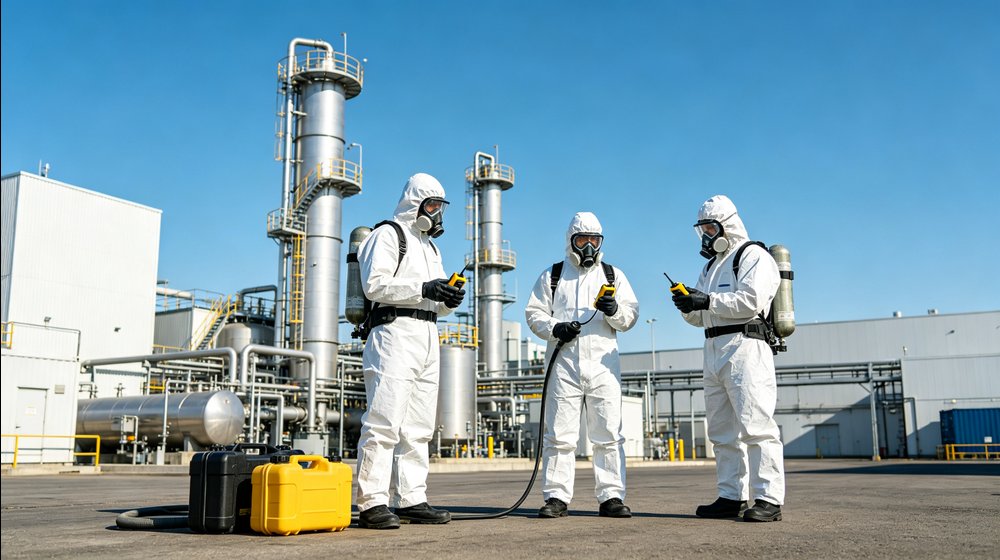 Hazmat response team in protective suits reviewing equipment at an industrial chemical facility