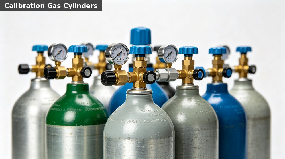 Calibration gas cylinders and regulators prepared for routine industrial gas detector verification