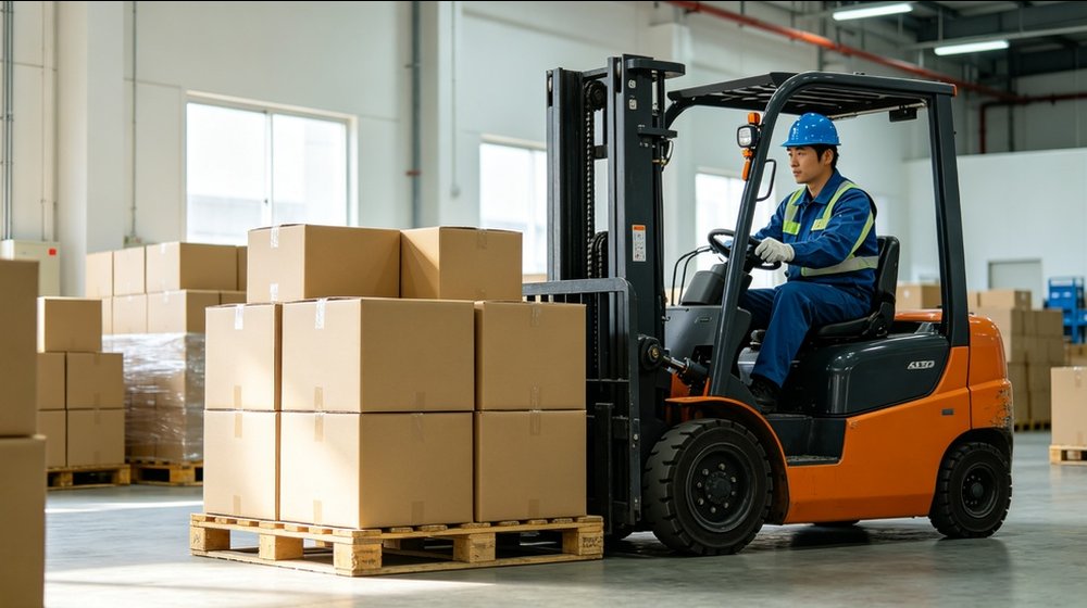 Forklift moving palletized protective equipment during controlled warehouse storage and rotation