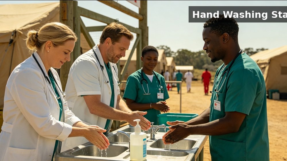 Hospital field medical supply image showing hand washing station camp scene for temporary clinics, disaster response and institutional procurement