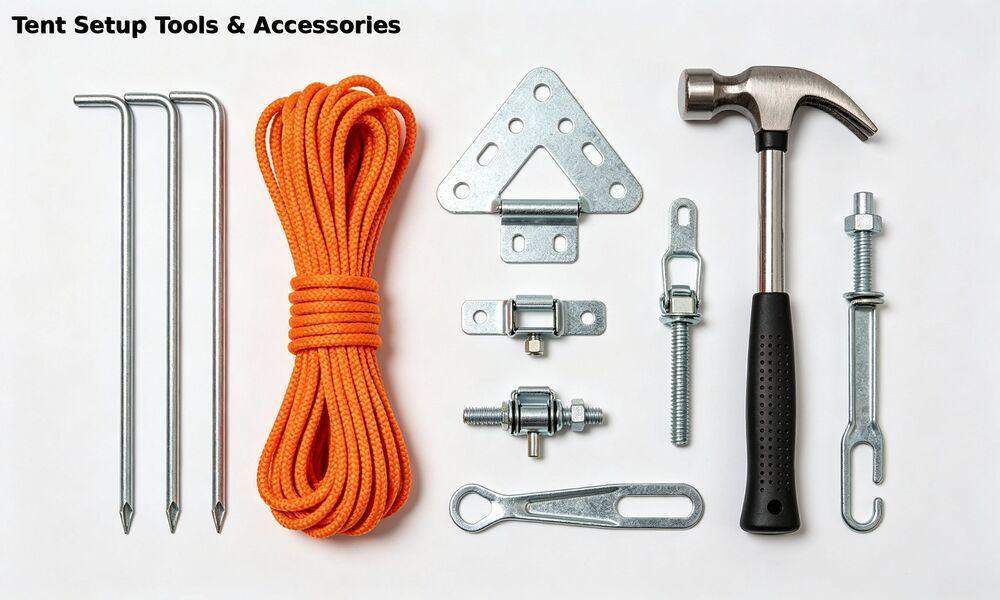 Emergency tent setup tools and accessories including steel stakes, nylon rope, mallet and connectors