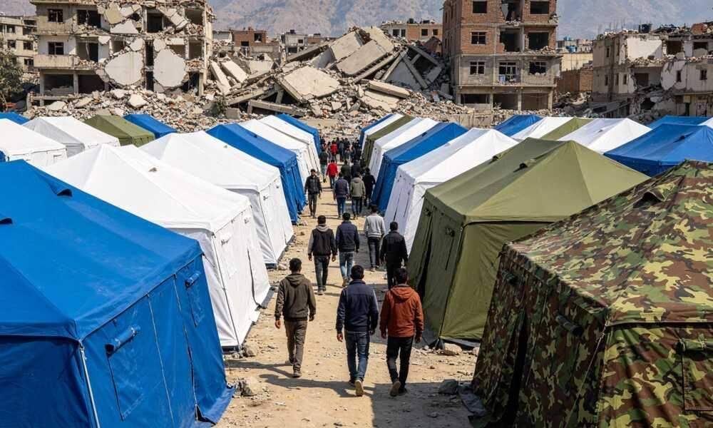 Earthquake disaster relief camp with blue emergency frame tents and displaced families in foreground