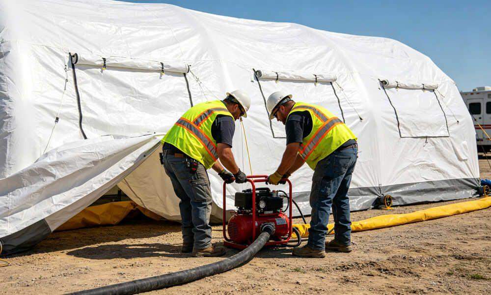 Workers inflating large inflatable medical emergency tent with air pump at emergency response site