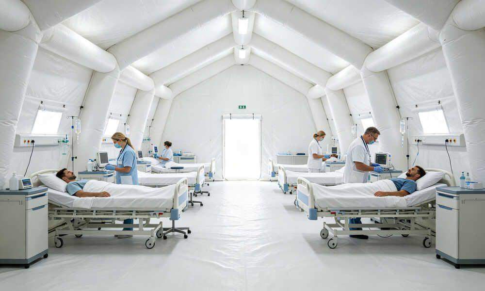Spacious interior of inflatable medical emergency tent with medical beds and staff attending patients