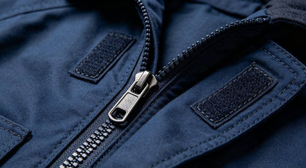 Close-up detail of firefighting suit heavy duty zipper and storm flap with reinforced stitching