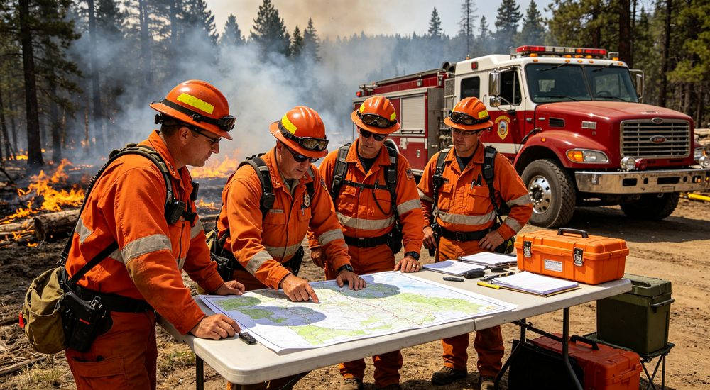 Forest fire command post firefighters in orange wildland gear reviewing map with incident commander, fire rescue PPE