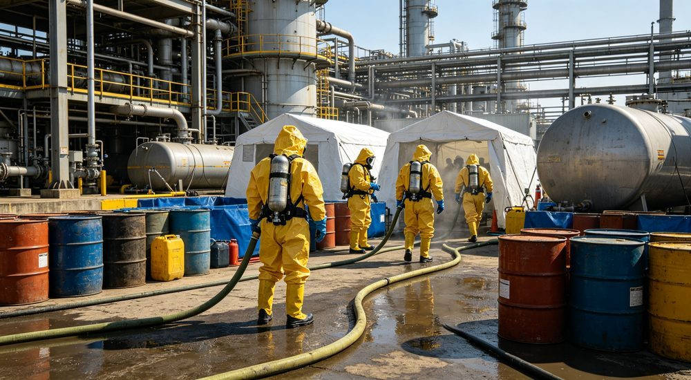 Chemical plant workers in Level A protective suits during routine inspection, industrial PPE application