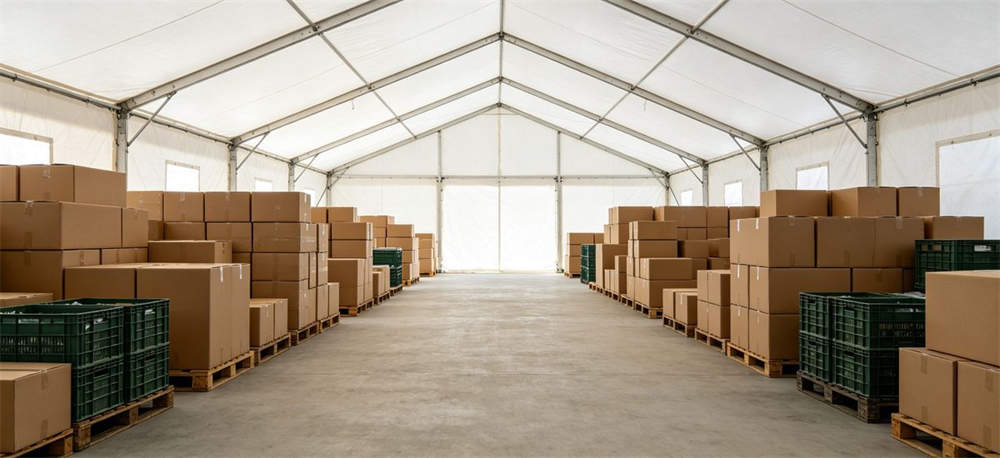 Storage tent interior with supply boxes for humanitarian aid