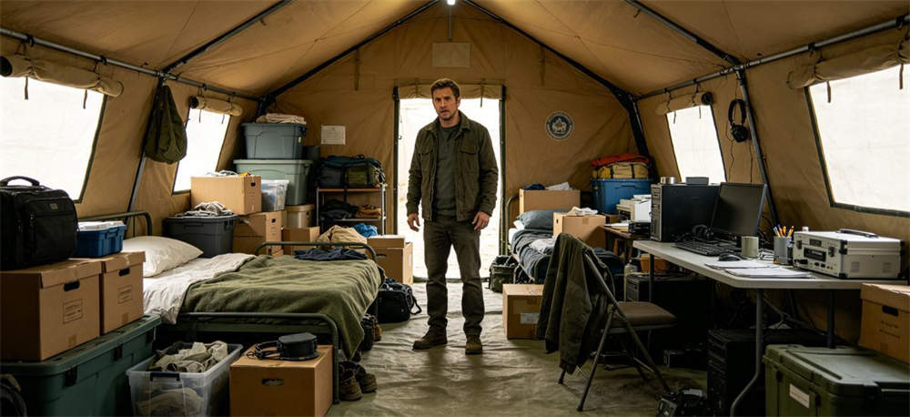 Tent interior showing mixed use confusion with beds and storage crowded