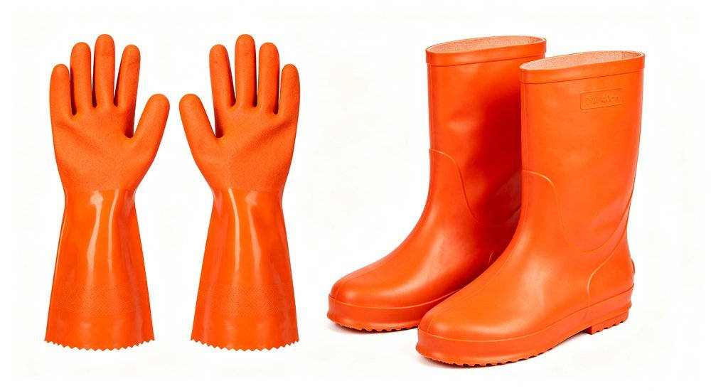Chemical protection ensemble orange butyl gloves boot covers for comparing gloves, safety footwear and operational protection requirements