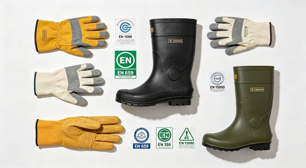Safety standards certifications display en659 en388 for comparing gloves, safety footwear and operational protection requirements