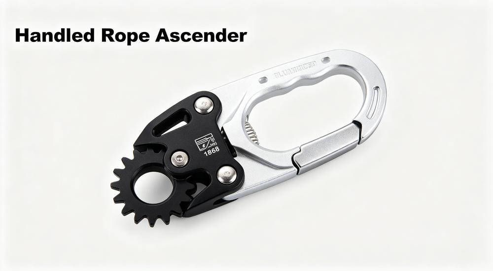 Handled rope ascender for climbing and rope rescue operations on white background