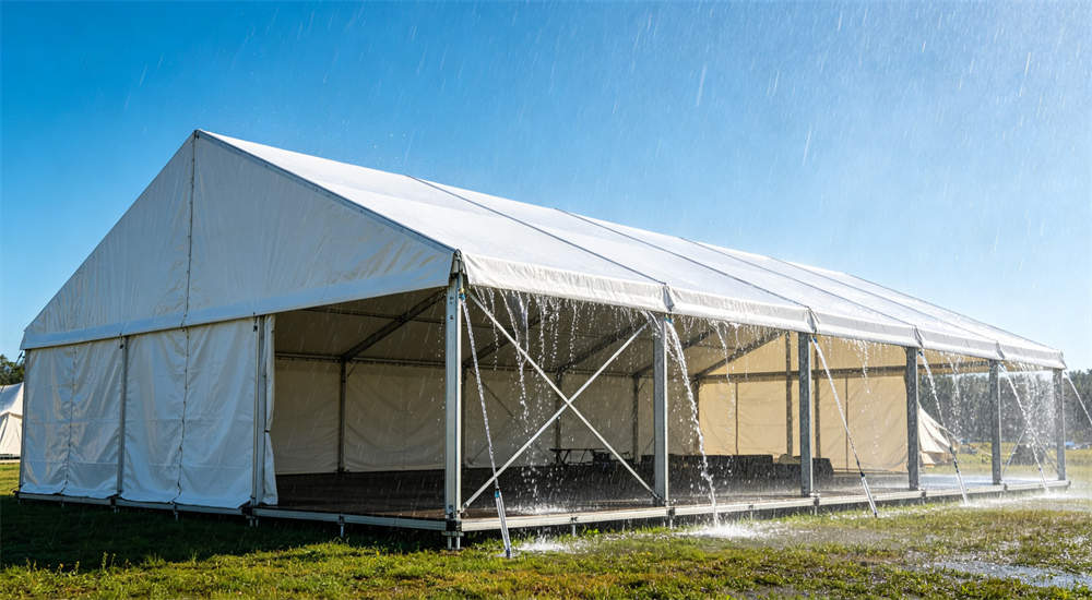 rain water draining from large white frame tent roof edge