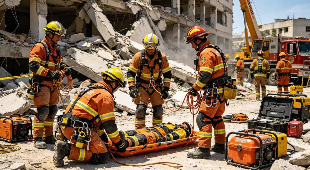 Earthquake rescue team coordinating multiple detection and rope equipment at disaster site