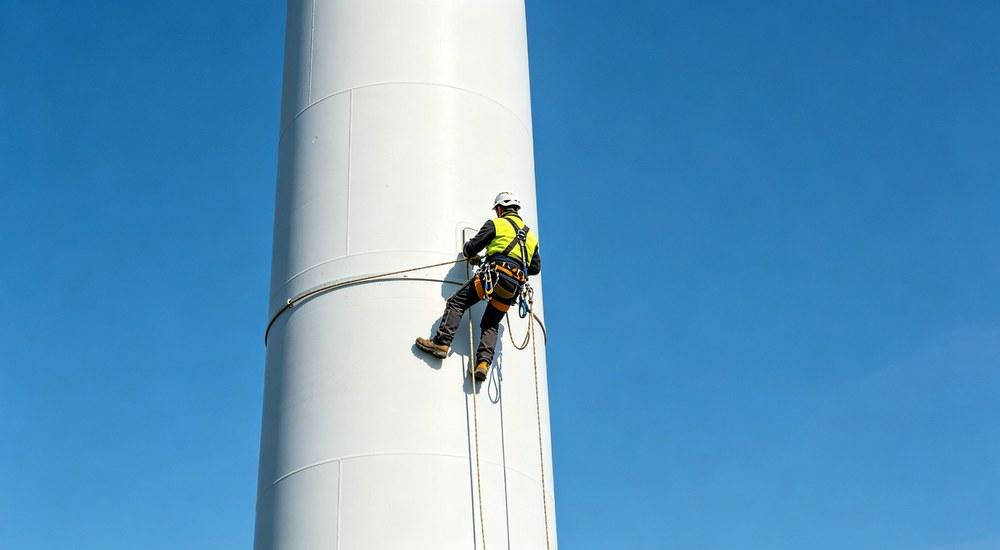 Industrial rope access technicians performing maintenance on wind turbine with harness systems
