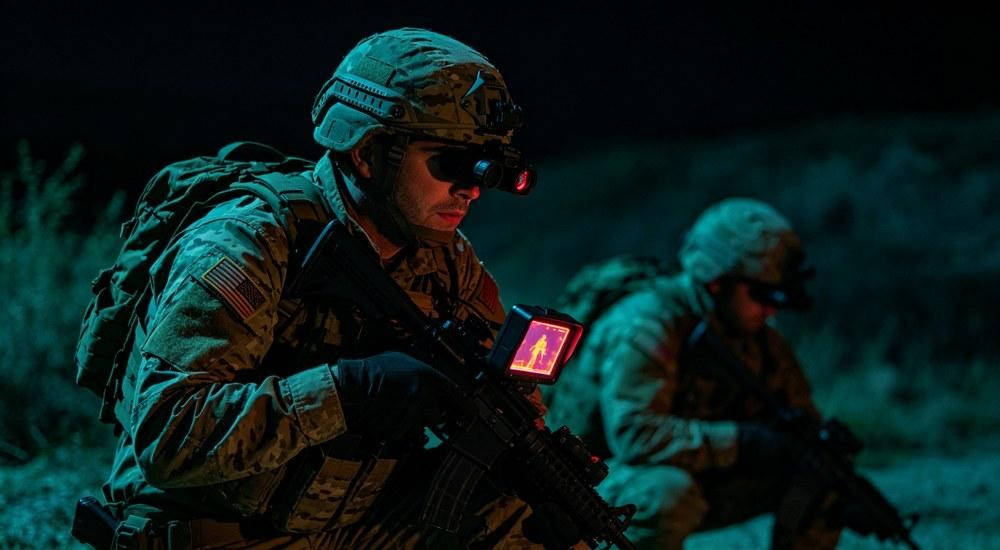 Military tactical rescue team operating at night with specialized rescue equipment