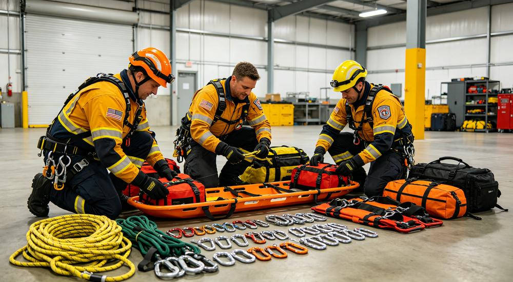 USAR rescue team configuring and organizing complete equipment kit at emergency response base