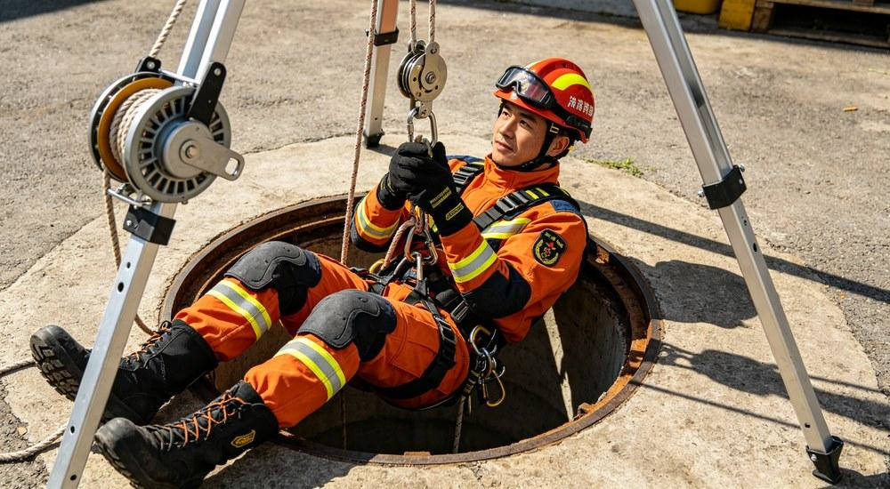 Rescue tripod vertical lifting test during equipment function testing process Rescue tripod vertical lifting test during equipment function testing process