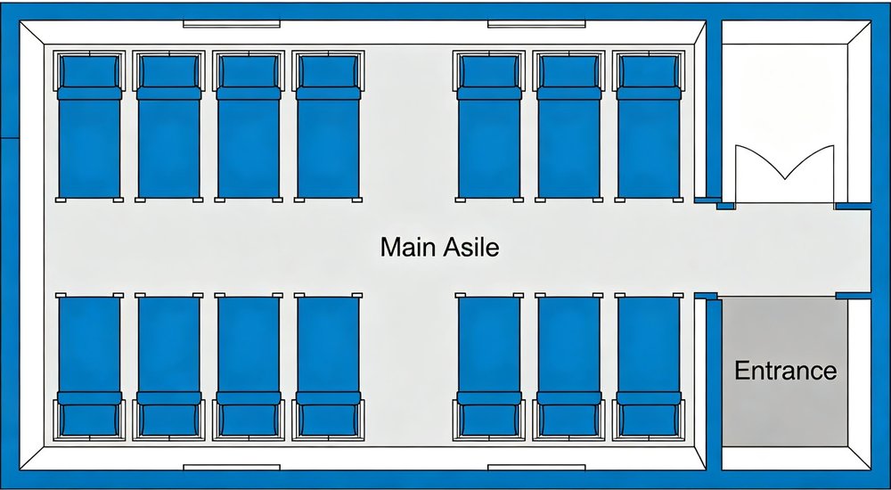 Frame tent bed arrangement floor plan diagram