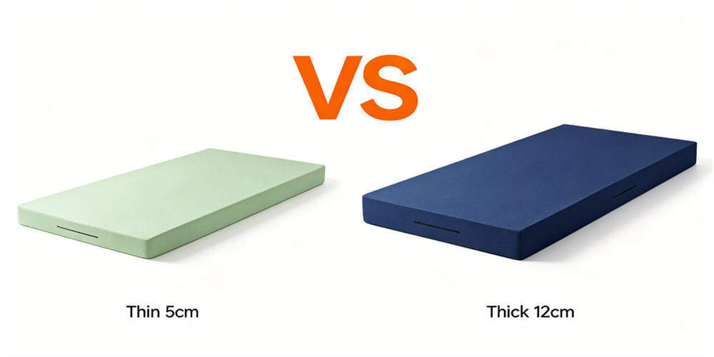 Thin and thick foam mattress constructions displayed side by side for configuration comparison for side-by-side buyer review.
