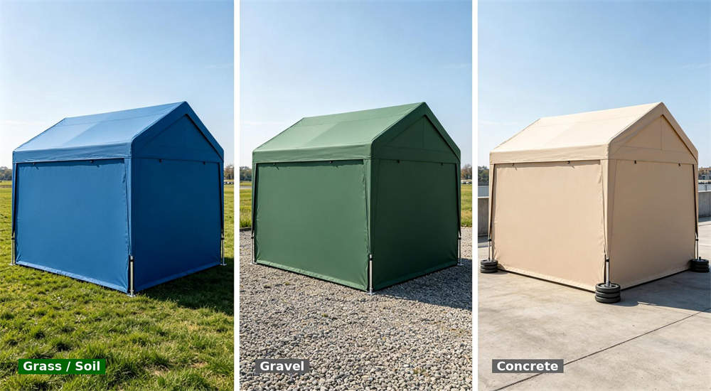 Three-panel ground types comparison of outdoor relief frame tent on grass soil blue, gravel green, and concrete beige with weight plate anchoring