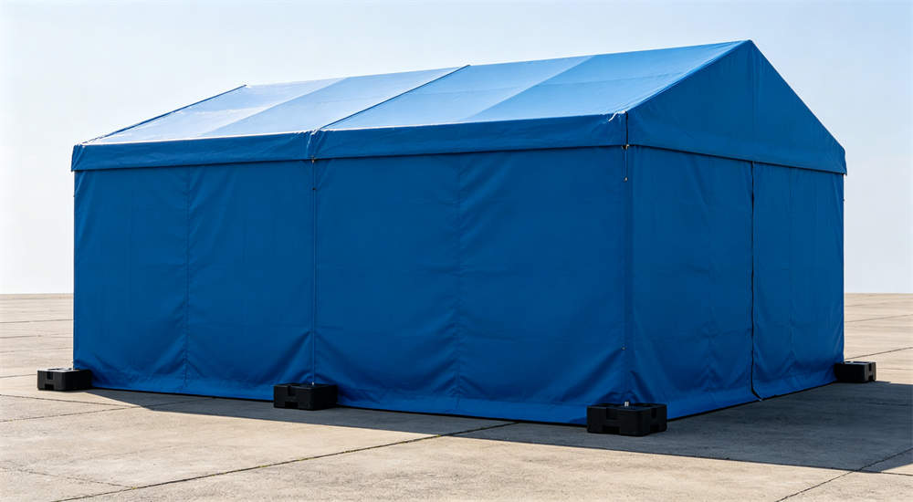 Outdoor relief frame tent on concrete hardground with blue tent and black weight plates anchoring method for hard surface installation