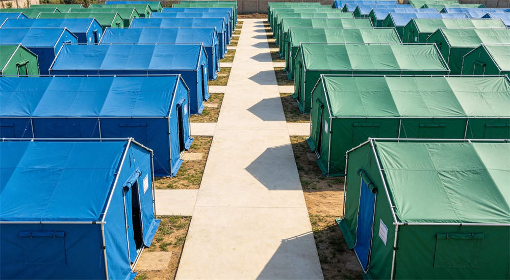 Correct spacing example of outdoor relief frame tent in blue green with neat rows showing proper distance between tents for safety and ventilation