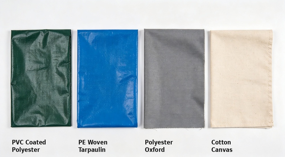 Top-down flat lay overview presenting four different tent fabric materials for emergency shelters including blue PVC coated polyester, grey PE woven, green oxford, and beige canvas swatches arranged neatly for buyer selection